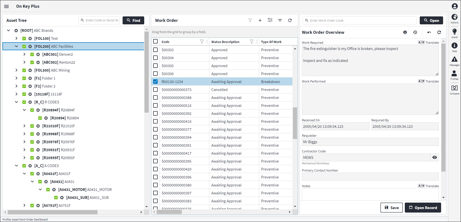 Asset Work Order Screen