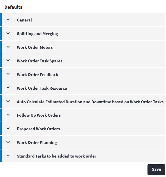 Work Orders Defaults Screen